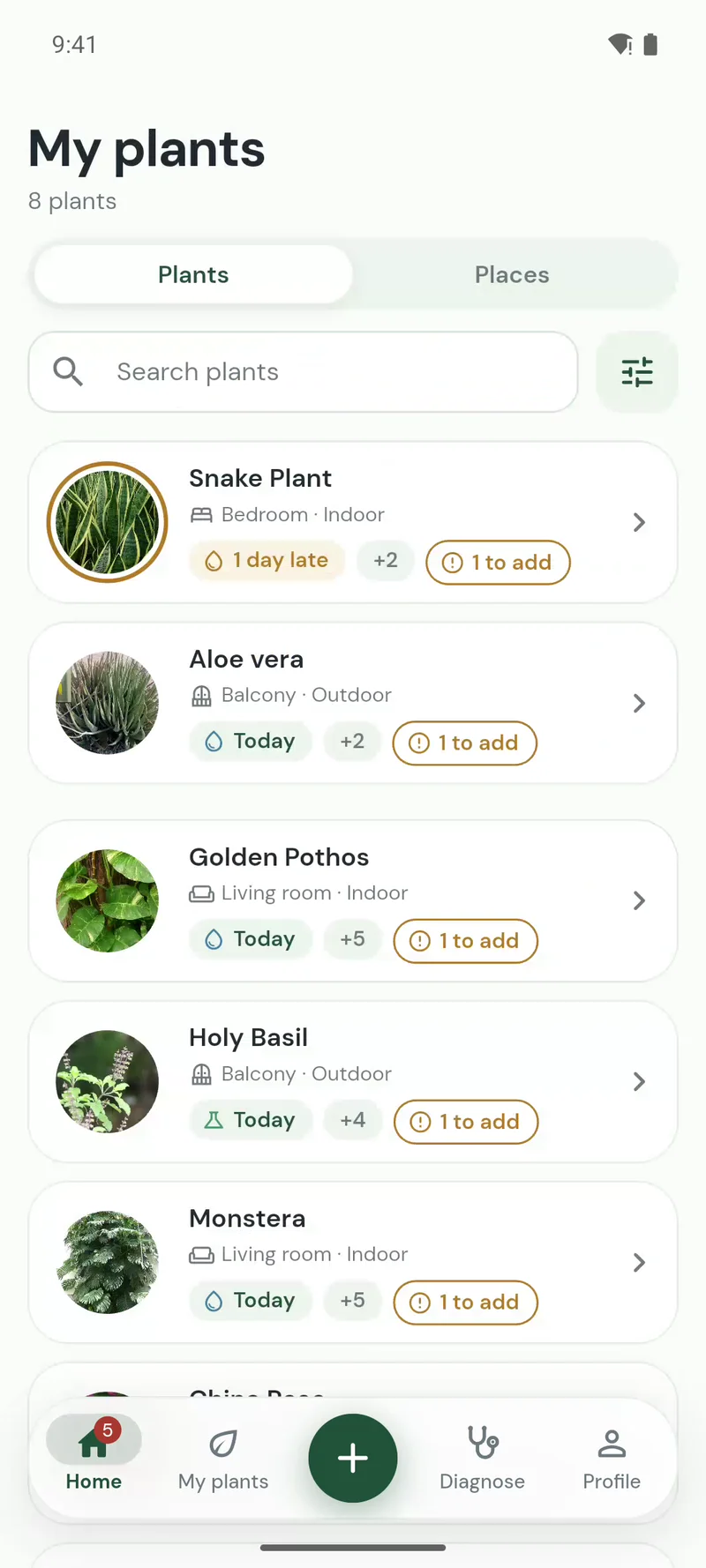Scrolling My plants: each plant with its place and when it next needs care