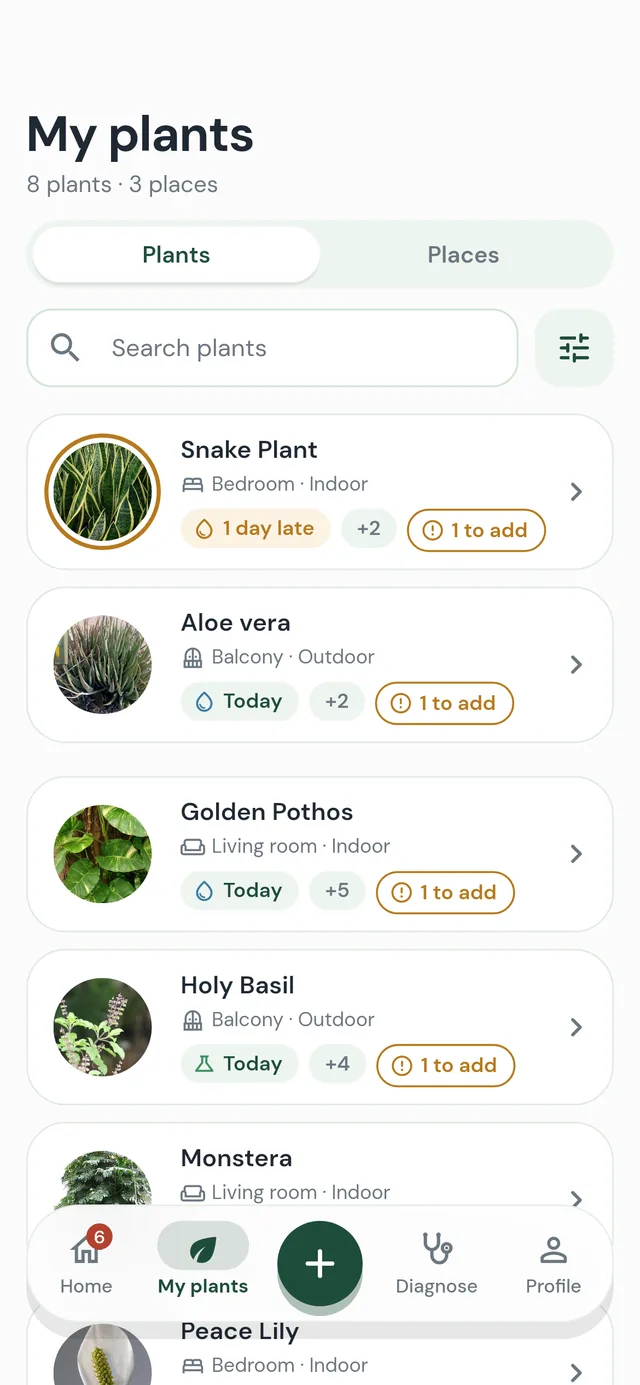 My plants list with each plant’s place and when it next needs care